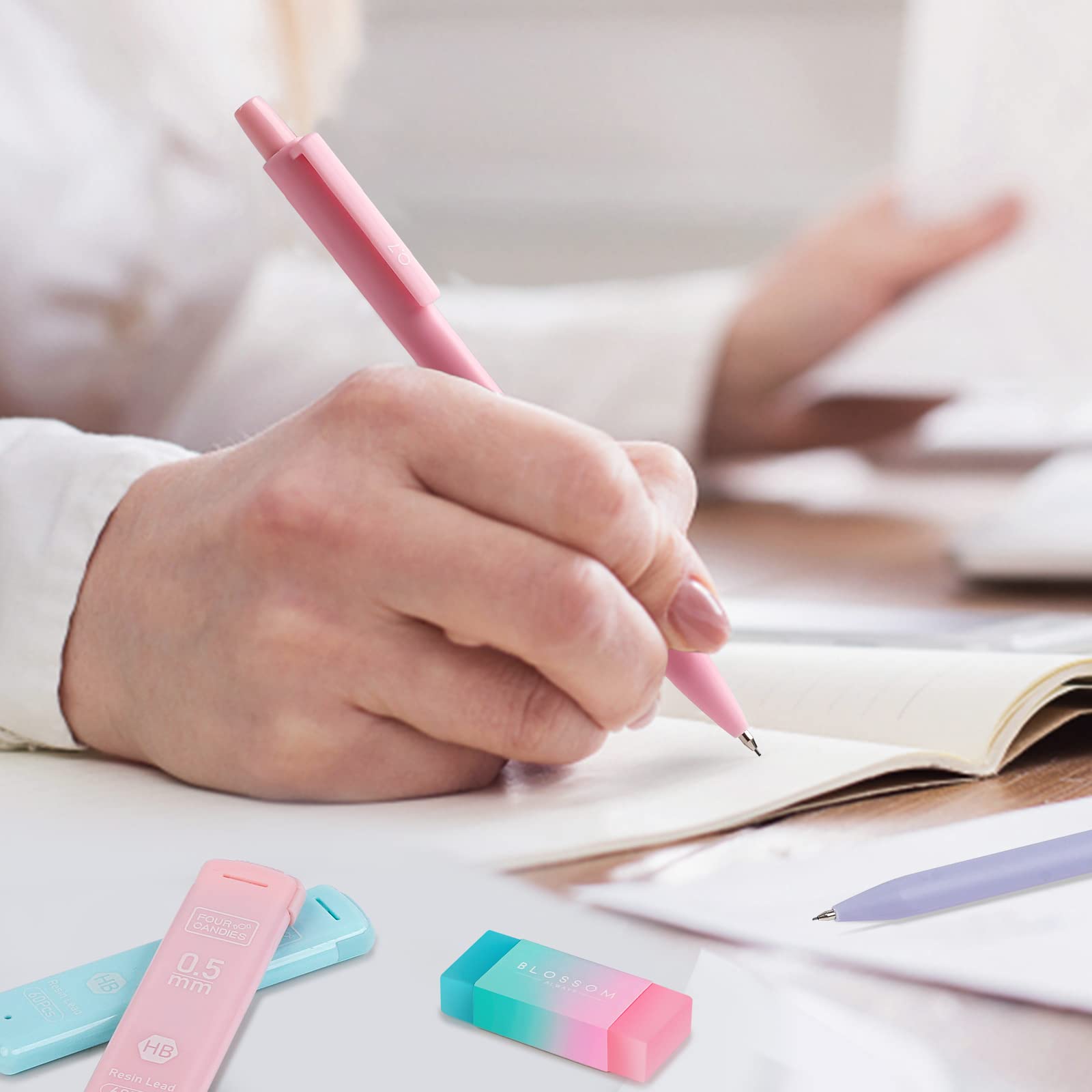 Four Candies Cute Mechanical Pencil Set, 6PCS Pastel Mechanical Pencils 0.5 & 0.7mm with 360PCS HB Leads, 3PCS Erasers and 9PCS Eraser Refills, Aesthetic School Supplies for Girls Writing Art Materials