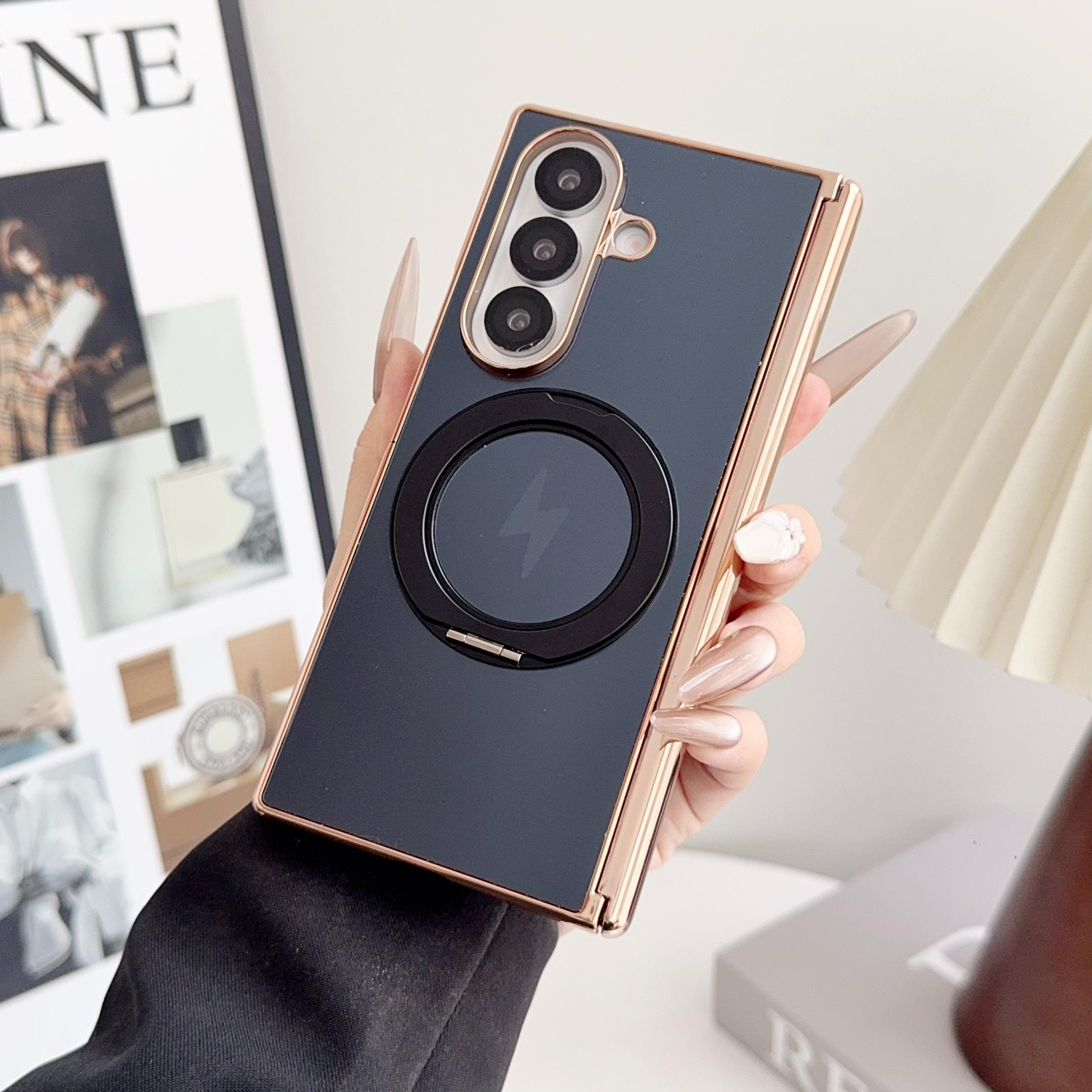 High-End Ag Frosted Electroplated Dual Axis Phone Case for Samsung Galaxy Z Fold7/6/5/4, 360° Rotating Stand, Wireless Charging Support