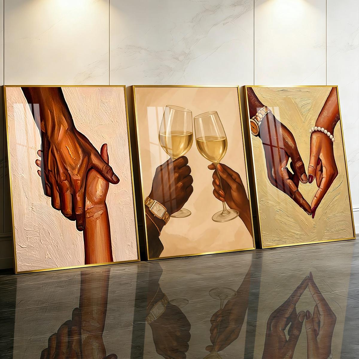 3 Counts Aluminum Alloy Framed Painting, Romantic Couple Hands And Wine Glass Canvas Art, Home Decoration For Living Room, Bedroom, Office, Restaurant, Hallway Wall Decor, Odorless Print Artwork, Luxury Perfect Gift For Friends And Family
