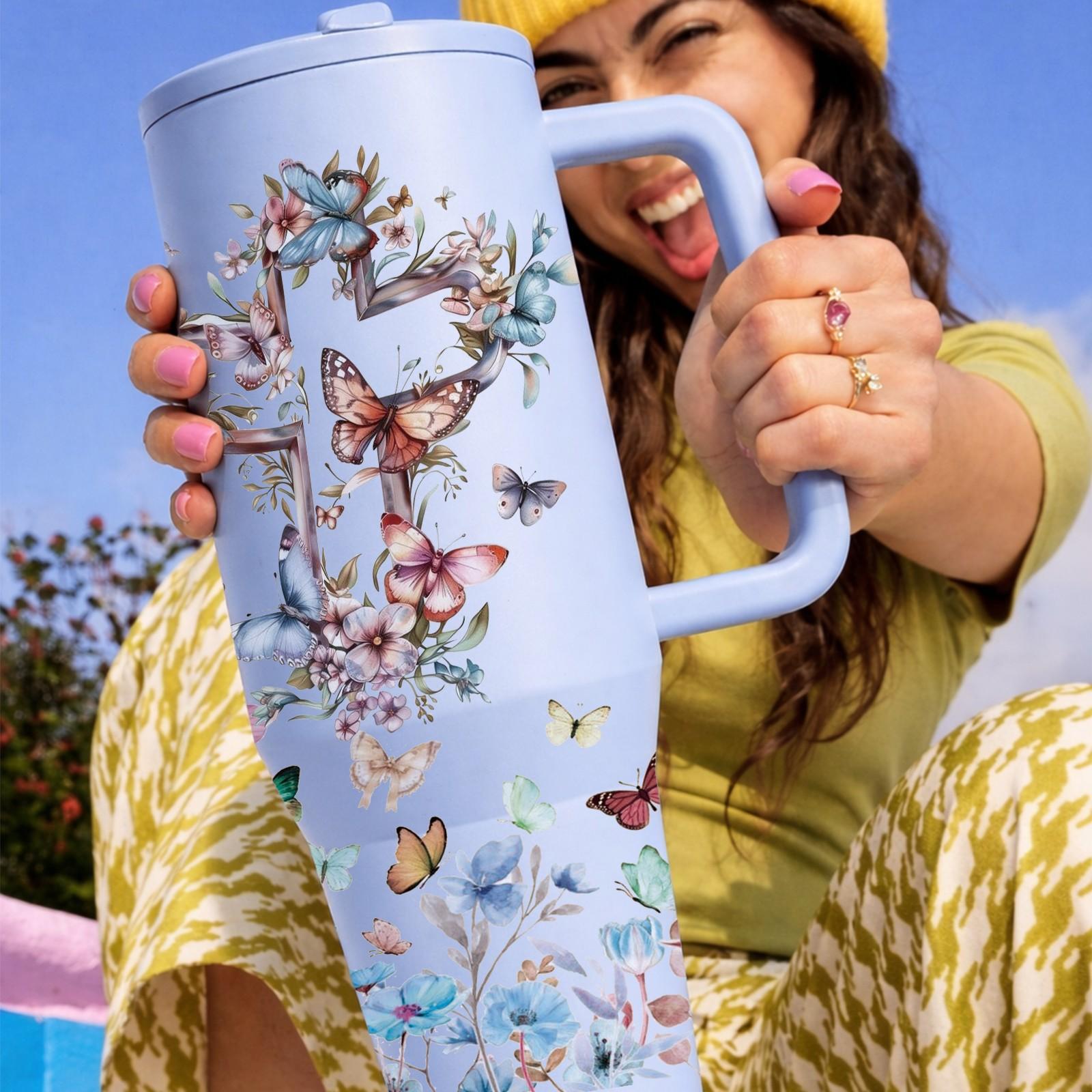 1 Pc 40oz insulated mug Tumbler, Christian Bible verse floral cross butterfly design, double wall vacuum insulated, leak proof lid with handle, keeps hot 12 hours and cold 24 hours, for hot cold drinks, office travel gym, faith gift for women men, holiday
