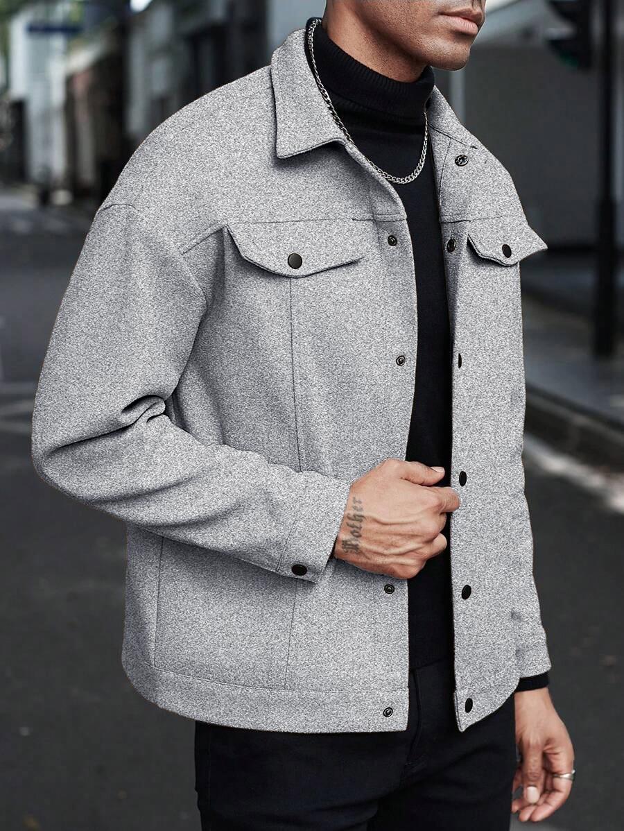 Men's Plain Color Flight Jacket for Autumn and Winter, Classic Stand-up Collar Design with Single-row Button Closure, American Vintage Coat, Back-to- Jacket, Motorcycle Suit. Casual Fashionable Jacket Workwear Jackets Casual Fitted Jackets Collared Jacket