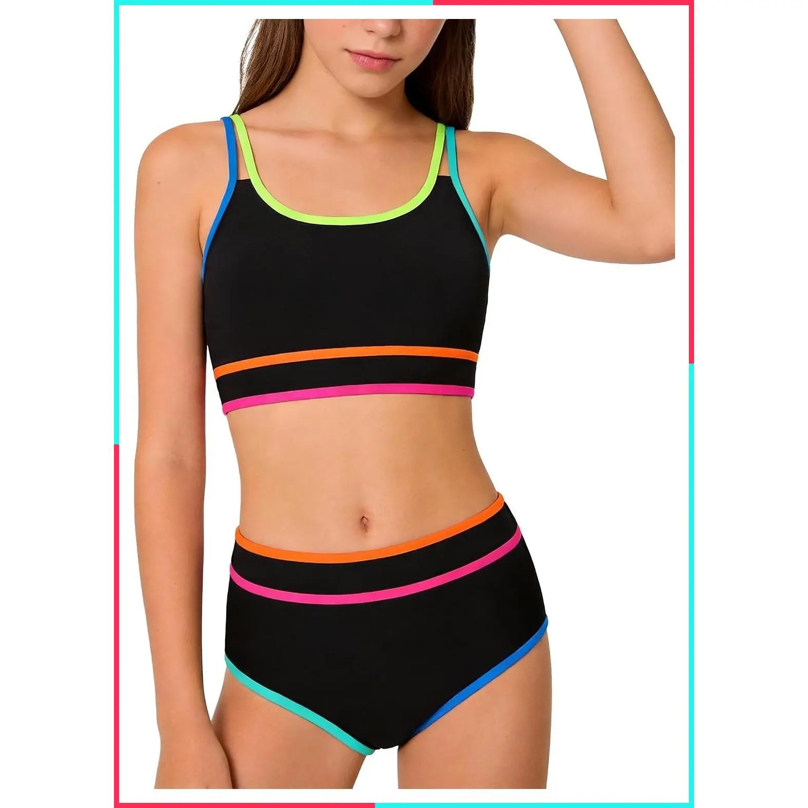 Teen Girls' Color Block Sporty 3-Piece Bikini Set with Cover-Up Skirt Swimsuit Bathing Suit Size 7-16 Years