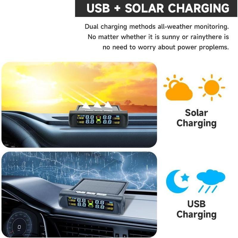Solar Car Tire Pressure Monitoring System, Wireless TPMS with LCD Display, Real Time Tire Pressure Gauge, Replacement Valve Included