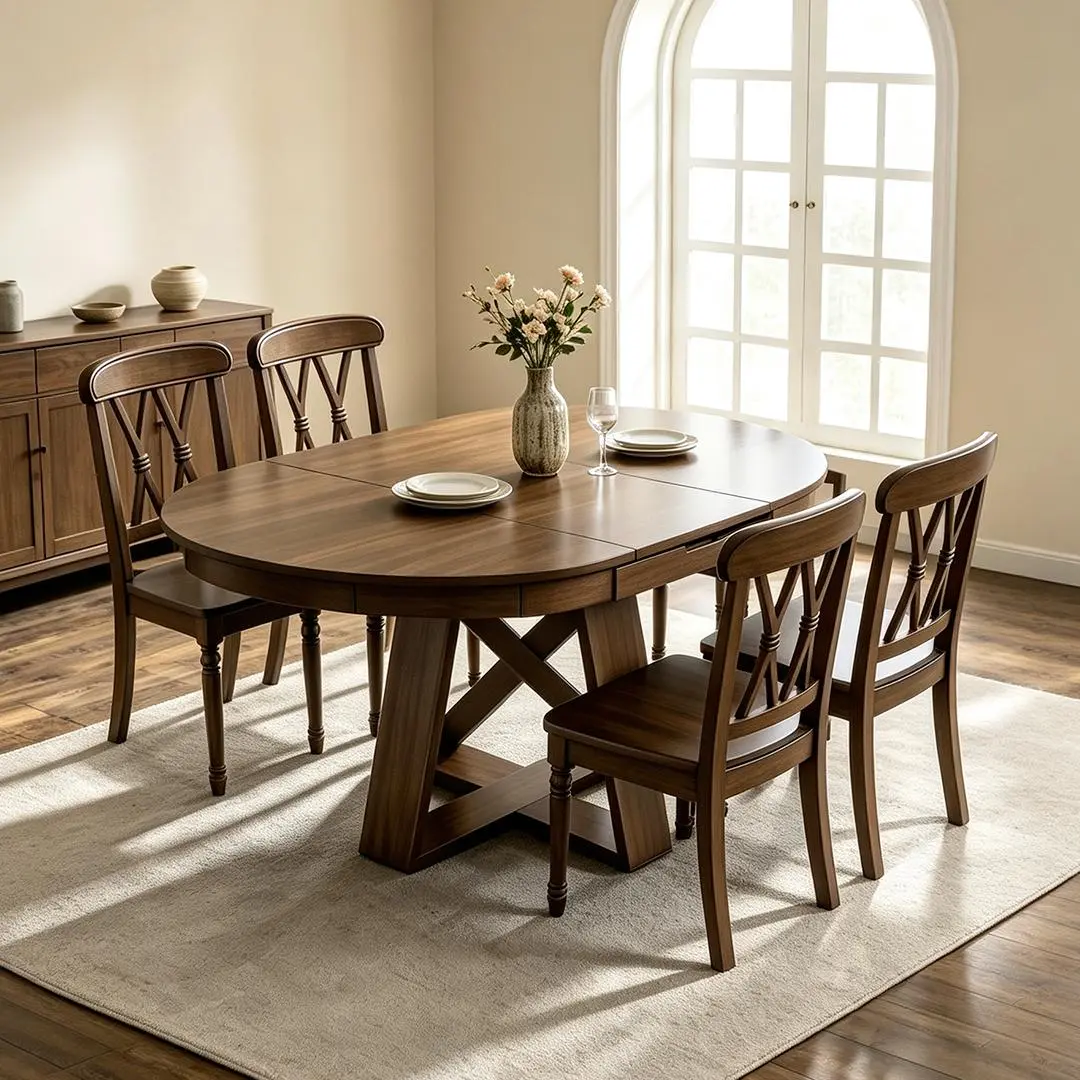 Extendable Walnut Grain MDF Dining Table with Open Storage Shelf, Cross Base Expandable Oval Dining Table Seats 4-6, Modern Convertible Kitchen Table for Small Dining Room