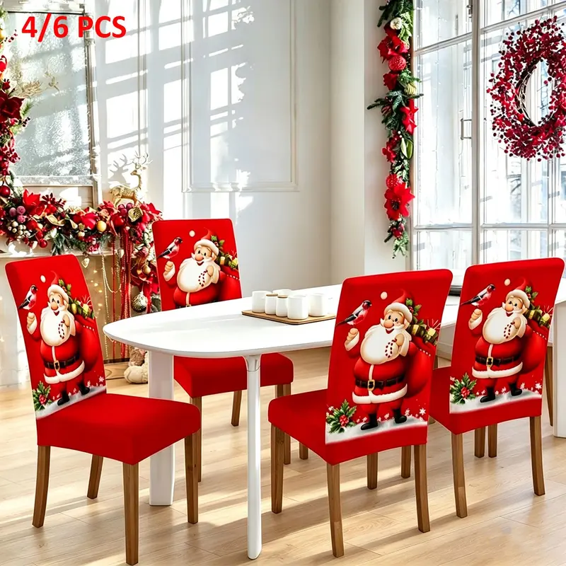 Christmas Chair Covers Set, Santa & Gift Print Elastic Parsons Slipcovers, Dining Chair Protector, Washable Holiday Decorations for Dining Room Chairs, Universal Chair Cover