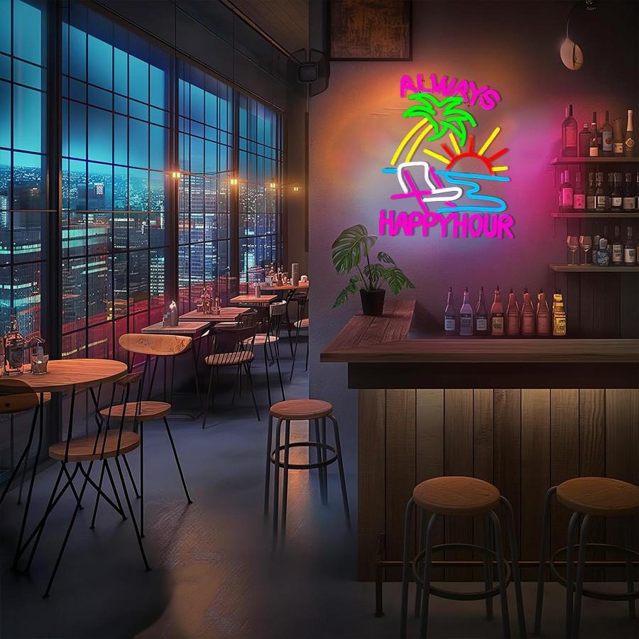 Always Happy Hour Neon Sign, Beach Neon Signs for Wall Decor, Palm Tree Led Light Up Signs for Bedroom Bar Club Pub Man Cave Restaurant Party Decorations