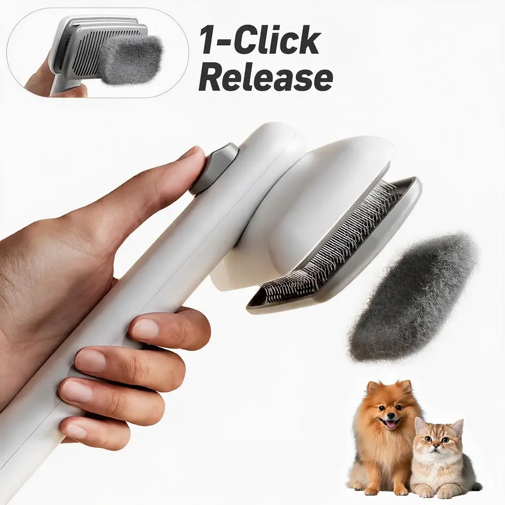 Button Hair Removal Comb for Dogs & Cats, Self-Cleaning Deshedding Slicker Brush — 1-Click Release, No More Picking Hair