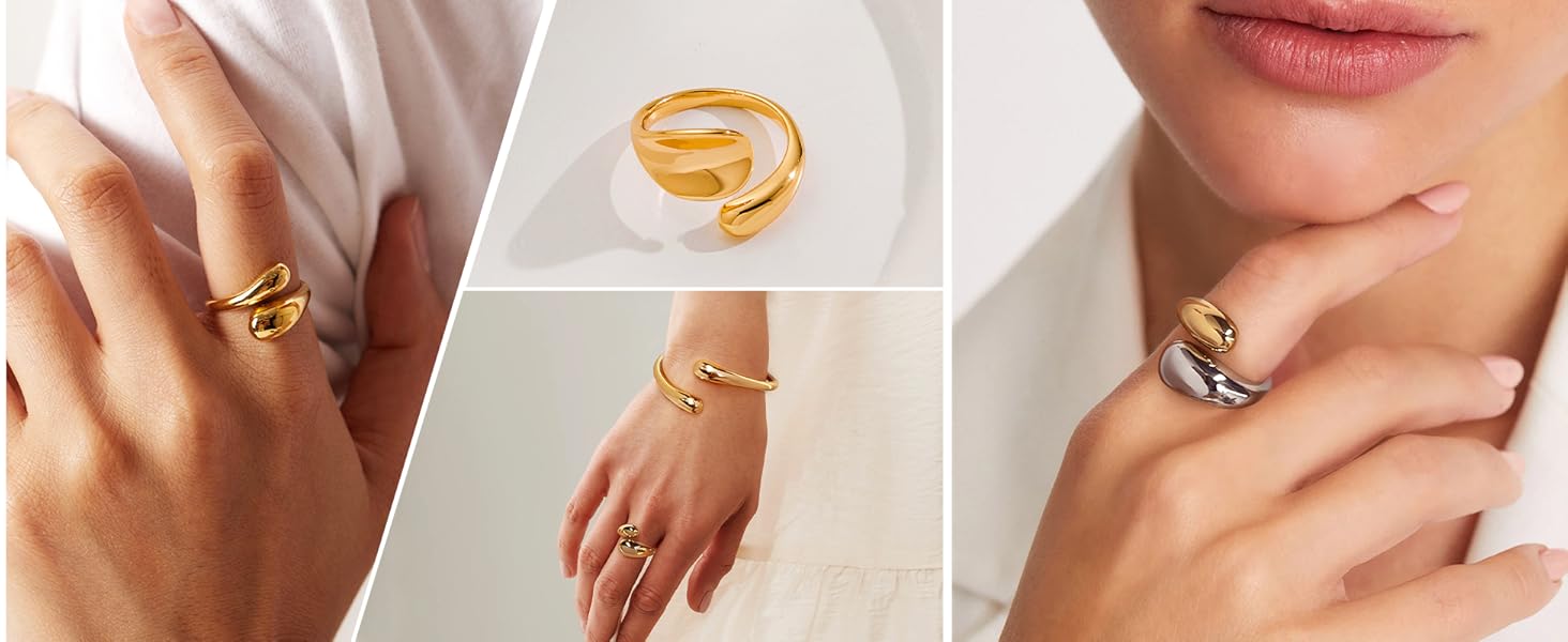 Chunky Open Rings for Women Gold Silver Adjustable Dome Teardrop Rings Bold Thick Statement Rings Simple Stackable Band Rings