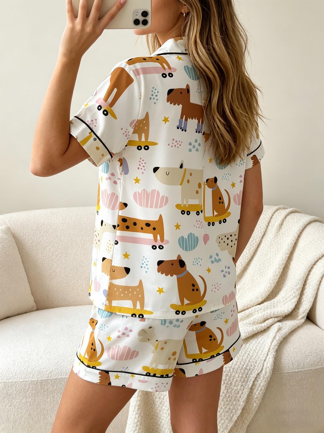 Women's Short Sleeve Button Down Top and Shorts Pajama Set, Spring Summer Wear, For Unique Style Lovers, White Base One Of A Kind Print, Classic Lapel Collar, Loose Fit, Comfortable For Home & Gatherings