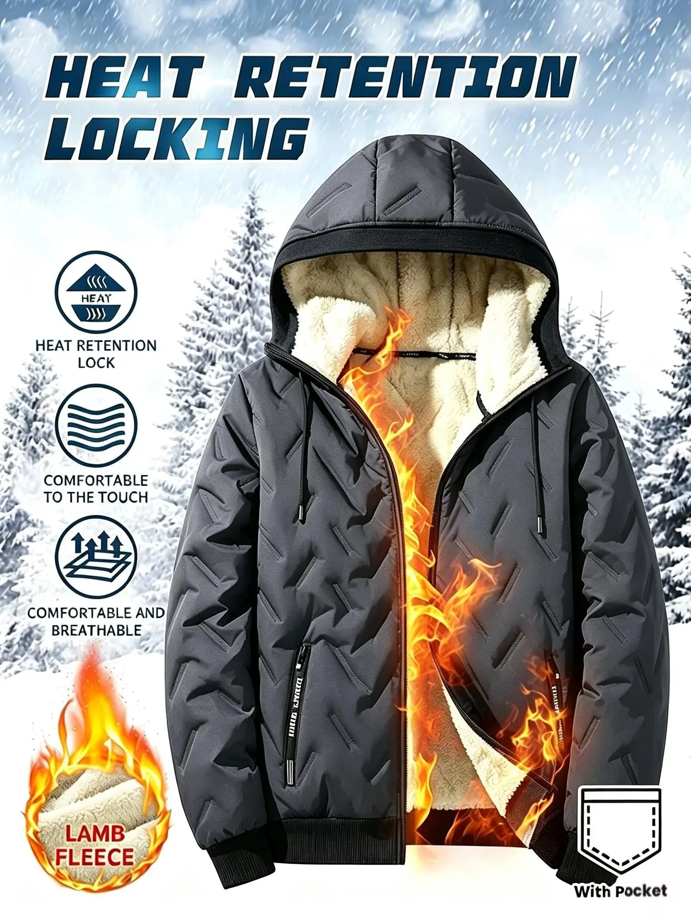 Men's Winter Fleece Lined Jacket, Hooded Windproof Waterproof Design, Casual Long Sleeve Coat for Fall and Winter, Stylish Warm Outerwear