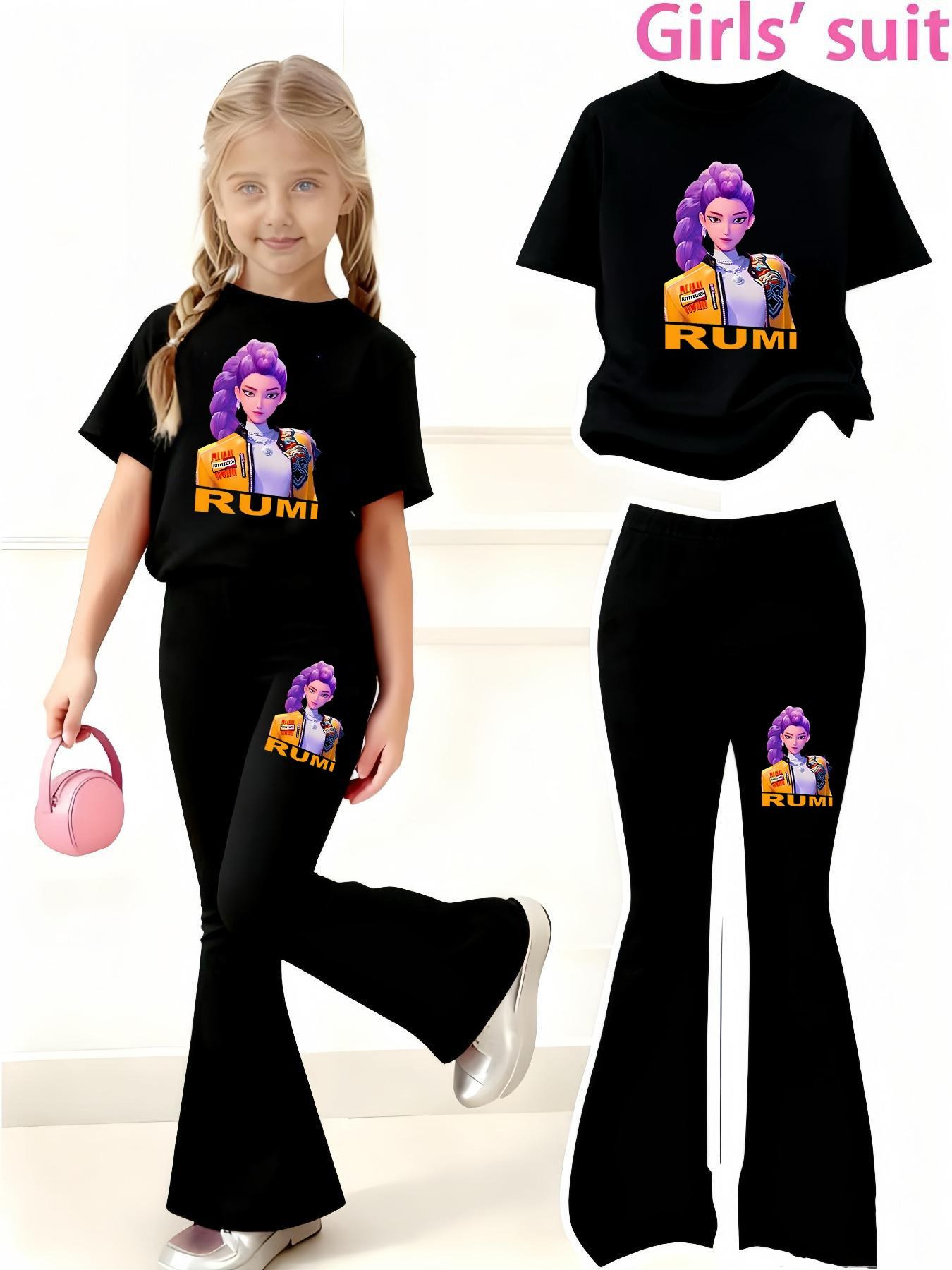 Girls' Kpop Print 2-Piece Set, Casual Sporty Short Sleeve Top & Bell Bottom Pants, Comfortable Elastic Waist, Spring Summer, Girl Clothes School