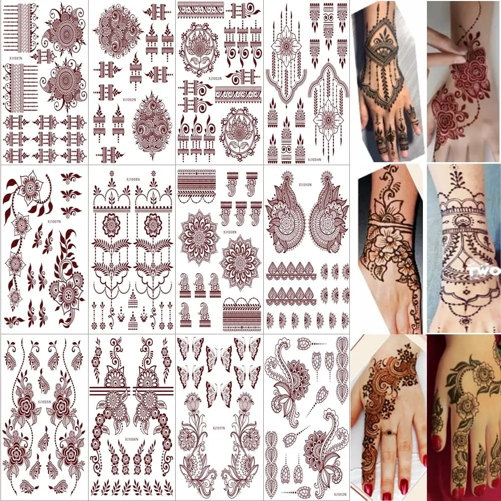 12 Sheets Henna Temporary Tattoo Kit, Waterproof Brown Tattoo Stickers for Girls Women Wedding Party Body Art Stickers (Brown-2)
