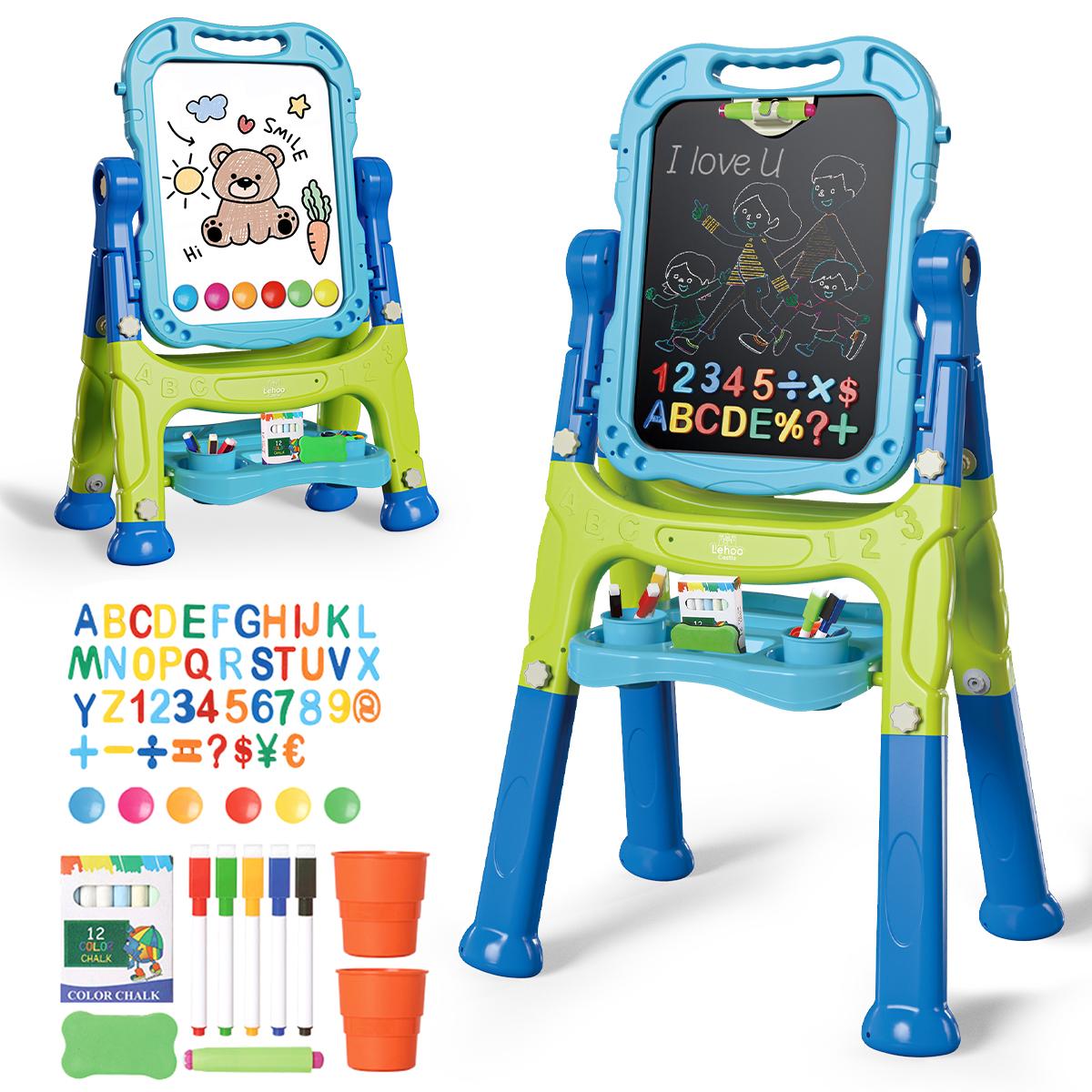 Lehoo Castle Easel for Kids, 4 in 1 Double Sided Kids Art Easel with Magnetic White Board & Chalk Board, Adjustable Standing Easel with Drawing & Writing Accessories - Gift for Boys and Girls