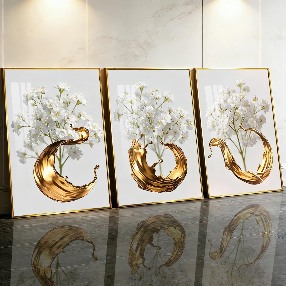 3 Counts Aluminum Alloy Framed Painting, White Flowers With Golden Liquid Art Pictures, Home Decoration For Living Room, Bedroom, Office, Restaurant, Hallway Wall Decor, Odorless Print Artwork, Luxury Perfect Gift For Friends And Family