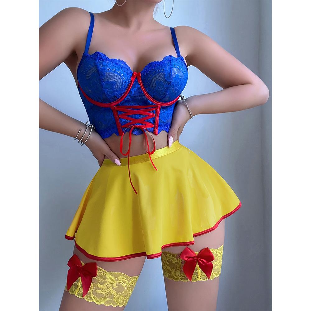 【EasDoing】3 Pieces Set Blue and Yellow Color Block Snow White Style Lace Corset Top Skirt Set, Sexy Cosplay Uniform, Pure Desire Hot Girl Lingerie, Date Outfit, Photogenic, Slim Fit, Summer Thin, Comfortable