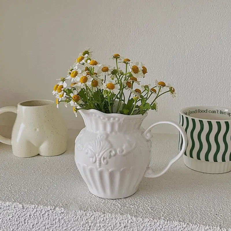 Baroque Ceramic Milk Jug & Vase 2-in-1, Large Capacity Latte Art Pitcher for Afternoon Tea, Ornate Home Decor & Serving Piece