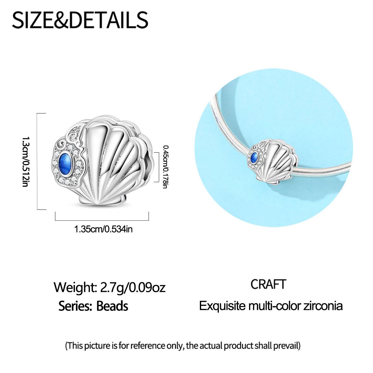 Summer Vacation Seashell Bead Charm, Plated 925 Silver Color, Blue Cz Inlaid, Ocean Themed DIY Jewelry, Beach Holiday Accessory for Women