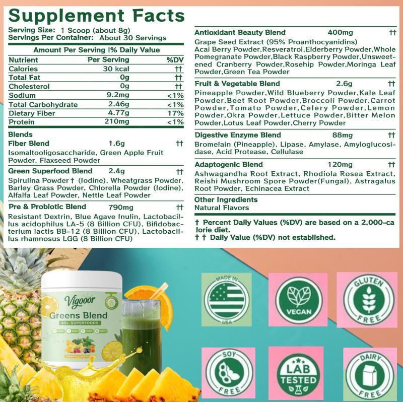 Vigooor New Upgrade, Green Superfood Powder - Digestive Support, Intestinal Health, Relieve Bloating, Contains Probiotics and Antioxidants, No Added Sugar, No Additives, 240 oz Can, One Scoop is about 8 oz, 30 Days, Blender Included (Battery Not Included)