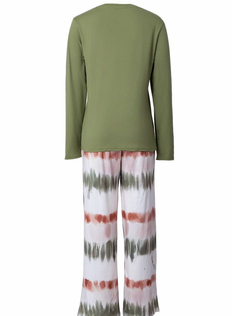 Women's Casual Printed Round Neck Long Sleeve Top & Gradient Print Pants Set, Soft Comfortable Home Wear, All Seasons Fitted