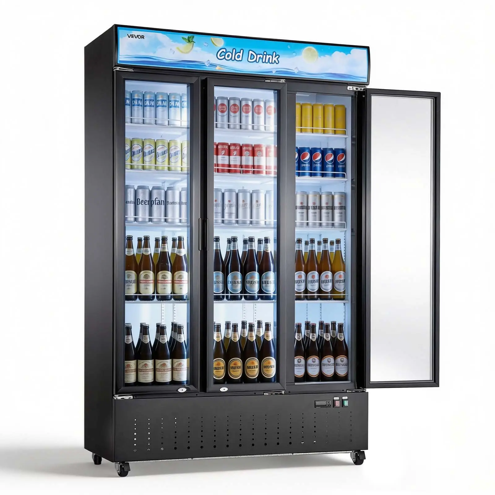 VEVOR Commercial Merchandiser Refrigerator, 26.8 Cu. Ft/760L 47"w x 77"h Rectangular Plugged-In Upright Beverage Cooler, 3 Glass Doors Display Fridge with Customizable Lightbox, 12 Adjustable Shelves, Soft LED Lighting, Casters