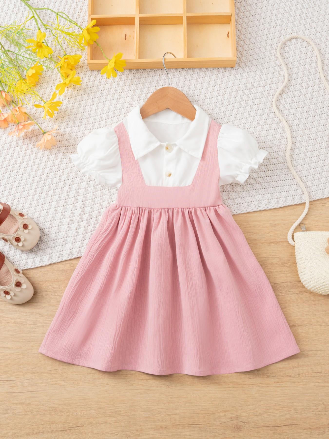 2pcs Girls' Summer Fashion Dress, Frilled Dress, Solid Colored Dress, Pure Color Princess Style, Sweet and Cute Design, Lapel Collar, Casual Wear for Kids