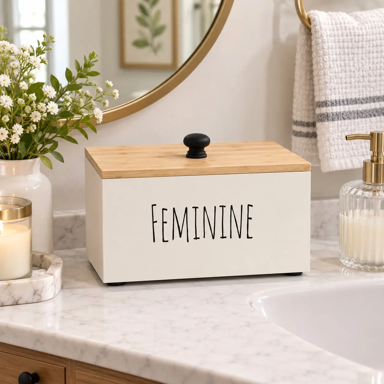Feminine Hygiene Organizer Box with Lid, Multi-Compartment Storage for Pads, Tampons, Cotton Swabs and Bathroom Essentials