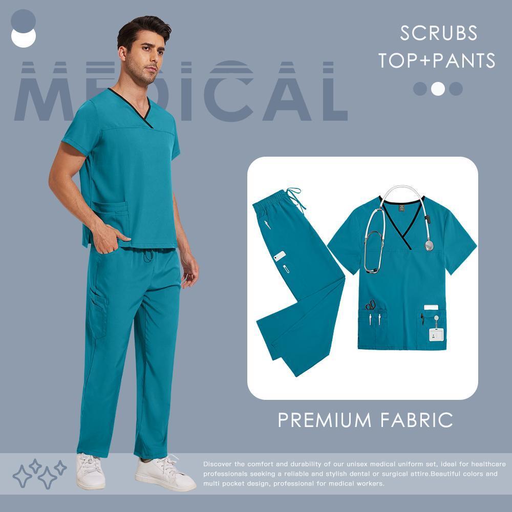Women's Solid V-Neck 2-Piece Scrubs Set - Short Sleeve V-Neck Top & Pants, Standard Fit Women's Clothes for All Seasons, Medical Dental Workwear (Menswear Compatible)