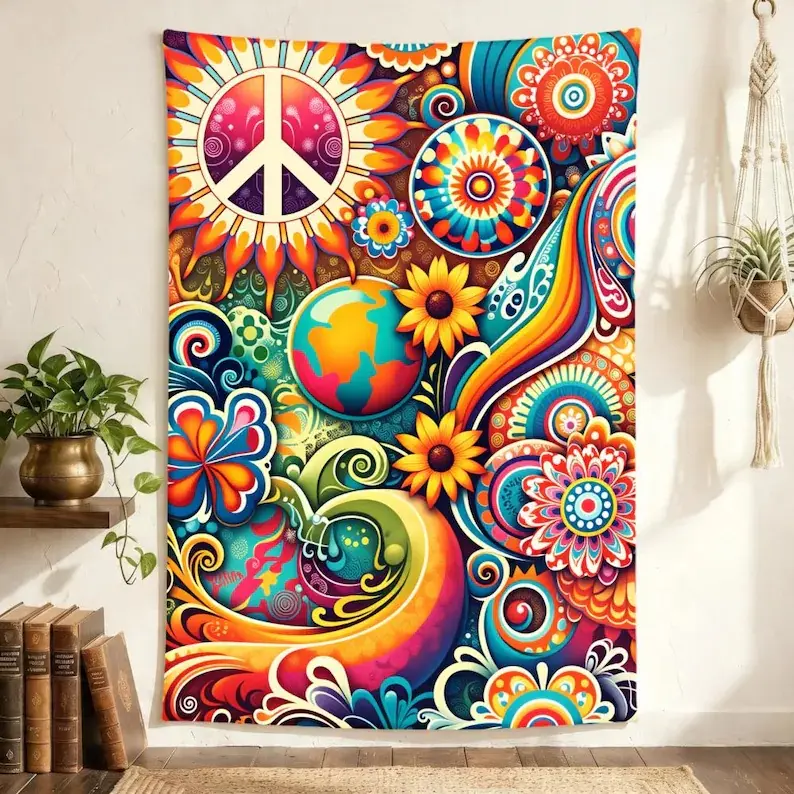 Hippie Peace Sign Tapestry, Colorful Psychedelic Wall Hanging, Rainbow Floral Groovy Decor, Boho Dorm Bedroom Backdrop