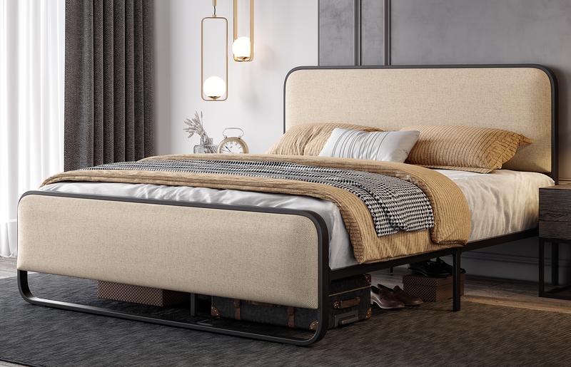SHA CERLIN Linen Fabric Upholstered Platform Bed Frame with Metal Frame, Curved Modern Headboard and Footboard【Frame Only No Mattress】, Large Under Bed Storage, No Box Spring Needed, Modern, Beige#ChristmasGifts#TikTokShopBlackFriday