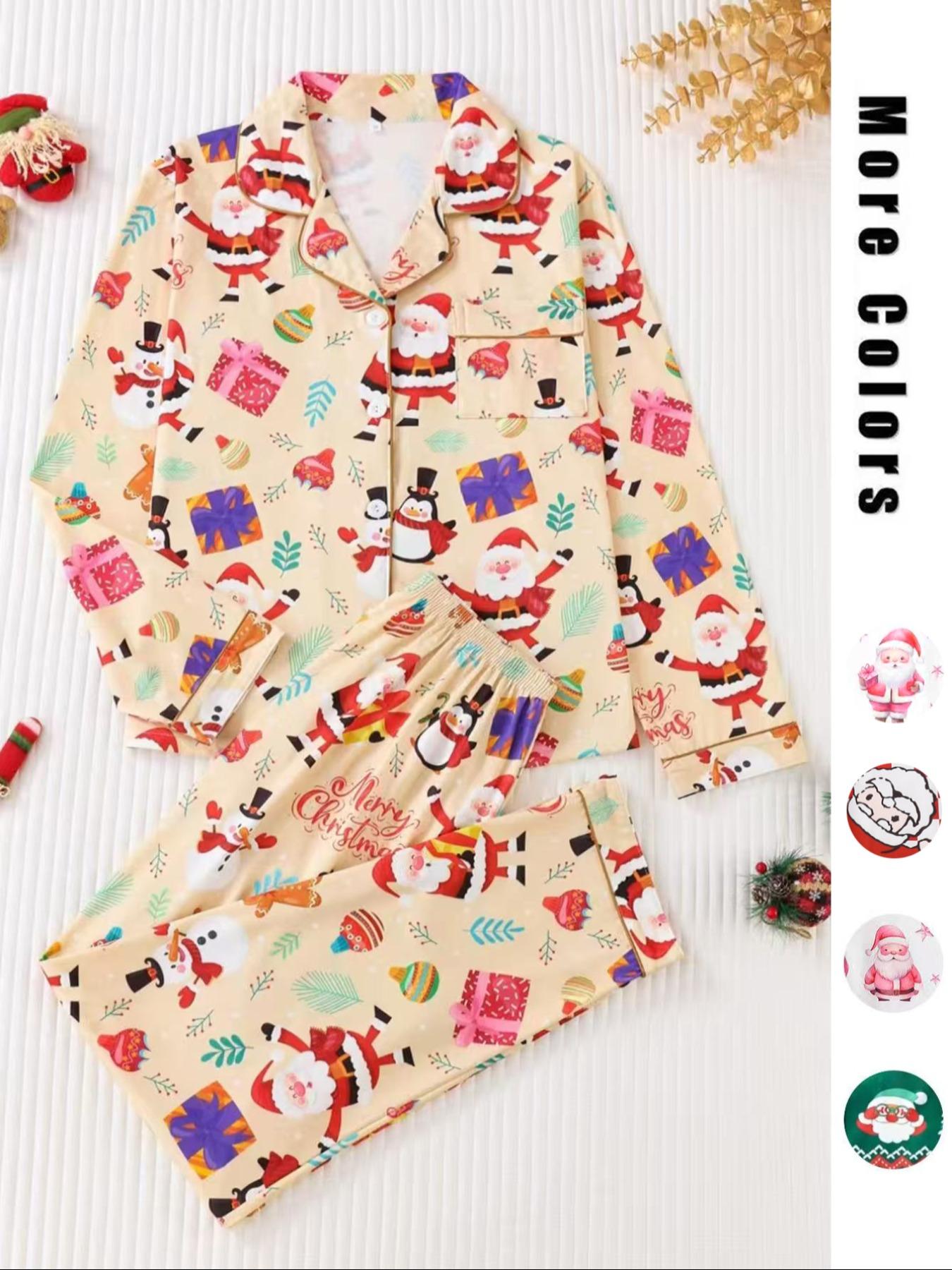 Two-piece Set Women's Christmas Print Button Front Pocket Shirt & Elastic Waist Pants Pyjama, Casual Comfy Long Sleeve Collared Top & Trousers Pajama Set, Women's Sleepwear for Spring & Fall