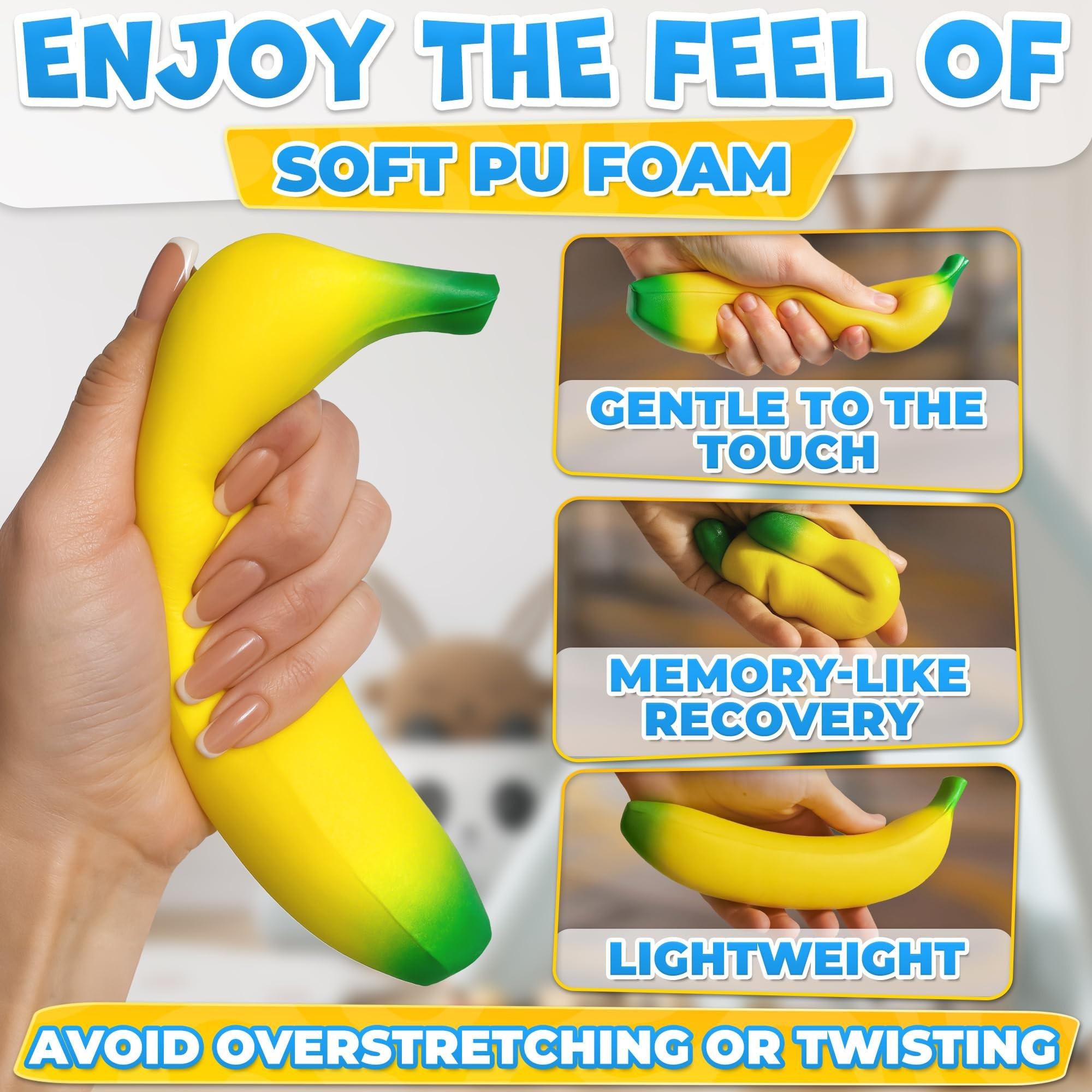 Banana Stress Relief Fidget Toy, Stress Relief Fidgeting, 6.7 X 1.4 Inch Soft PU Foam Desk Accessory, Lightweight Squeeze Fidget Toy for Adults, Novel Office Decor and Relaxation Tool