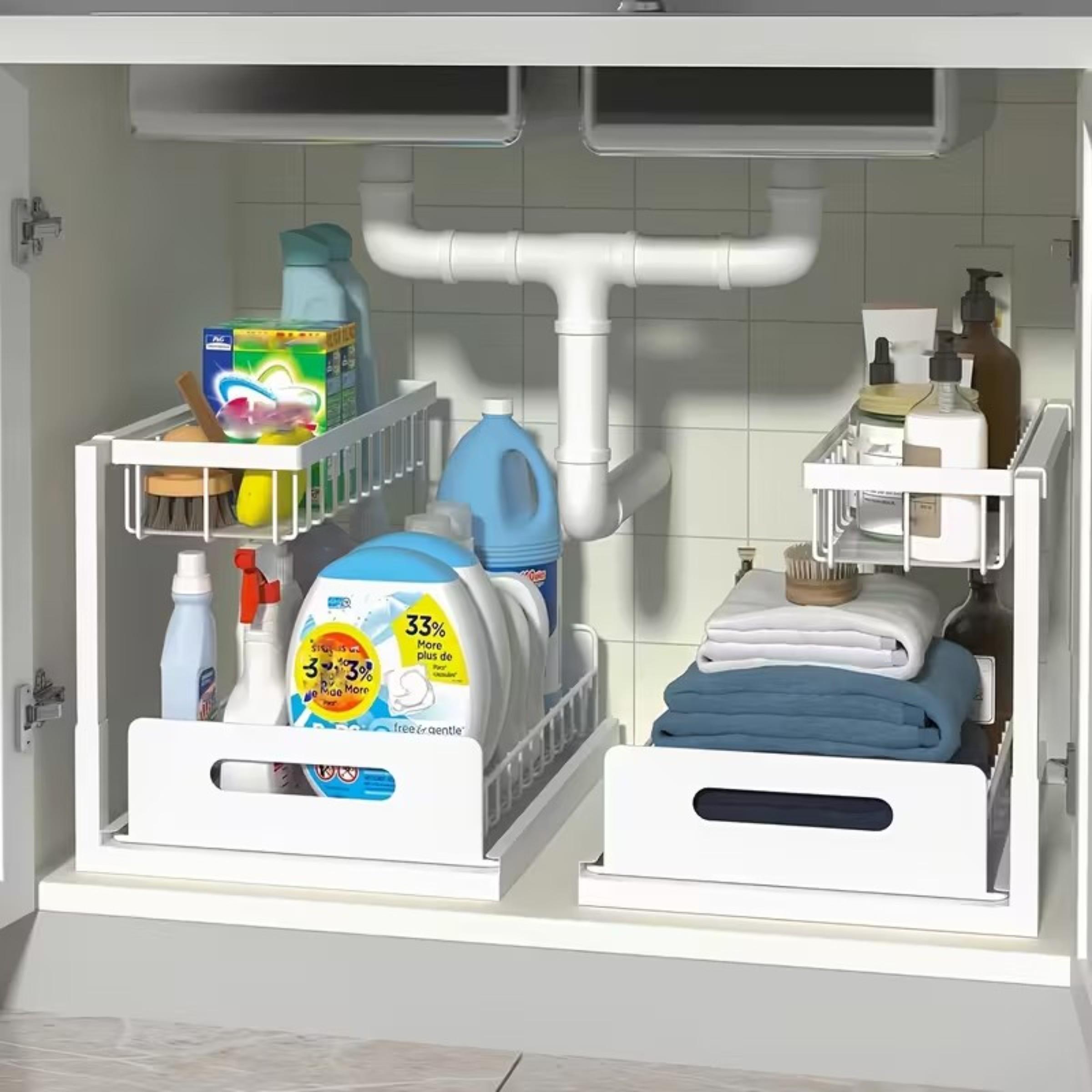 Double Layer Sink Organizer Rack with Metal Sliding Shelves, Adjustable Standing Shelf, Perfect for Kitchen Bathroom Food Storage Cabinet Space (1 Piece or 2 Pieces)