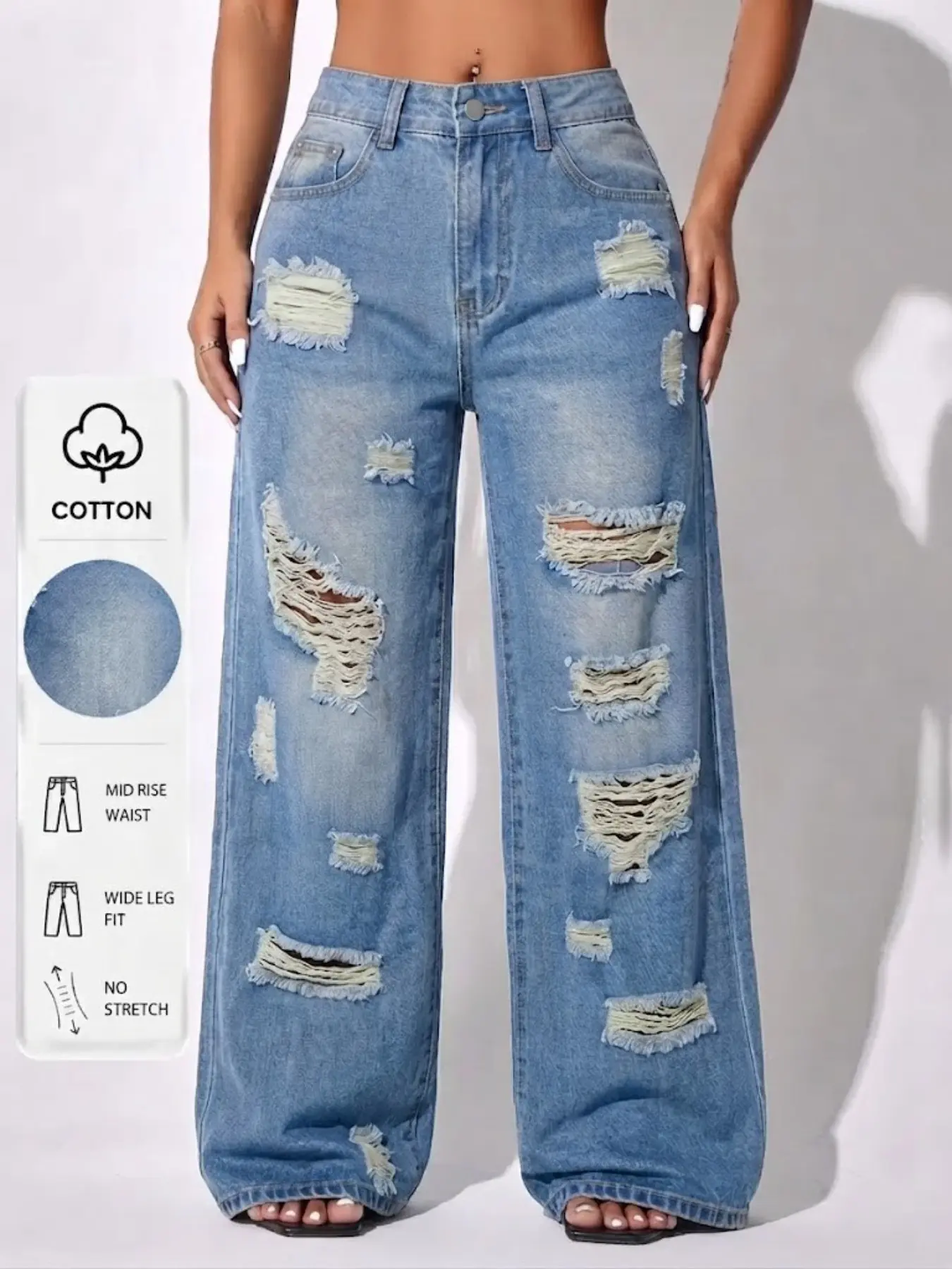 Women Light Wash Ripped Wide Leg Jeans, High Waist Distressed Frayed Hole, Loose Baggy Denim Jeans, Y2K Streetwear Trousers