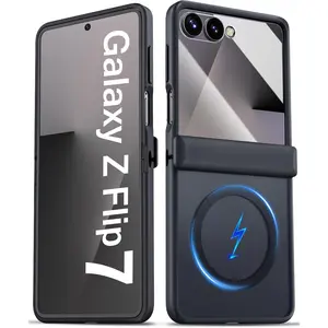 for Samsung Galaxy Z Flip 7 Case with Hinge Protector, Slim Compatible with MagSafe & Wireless Charging, Front Screen Protector, Translucent Rugged Full Phone Case for Galaxy Z Flip 7, Black