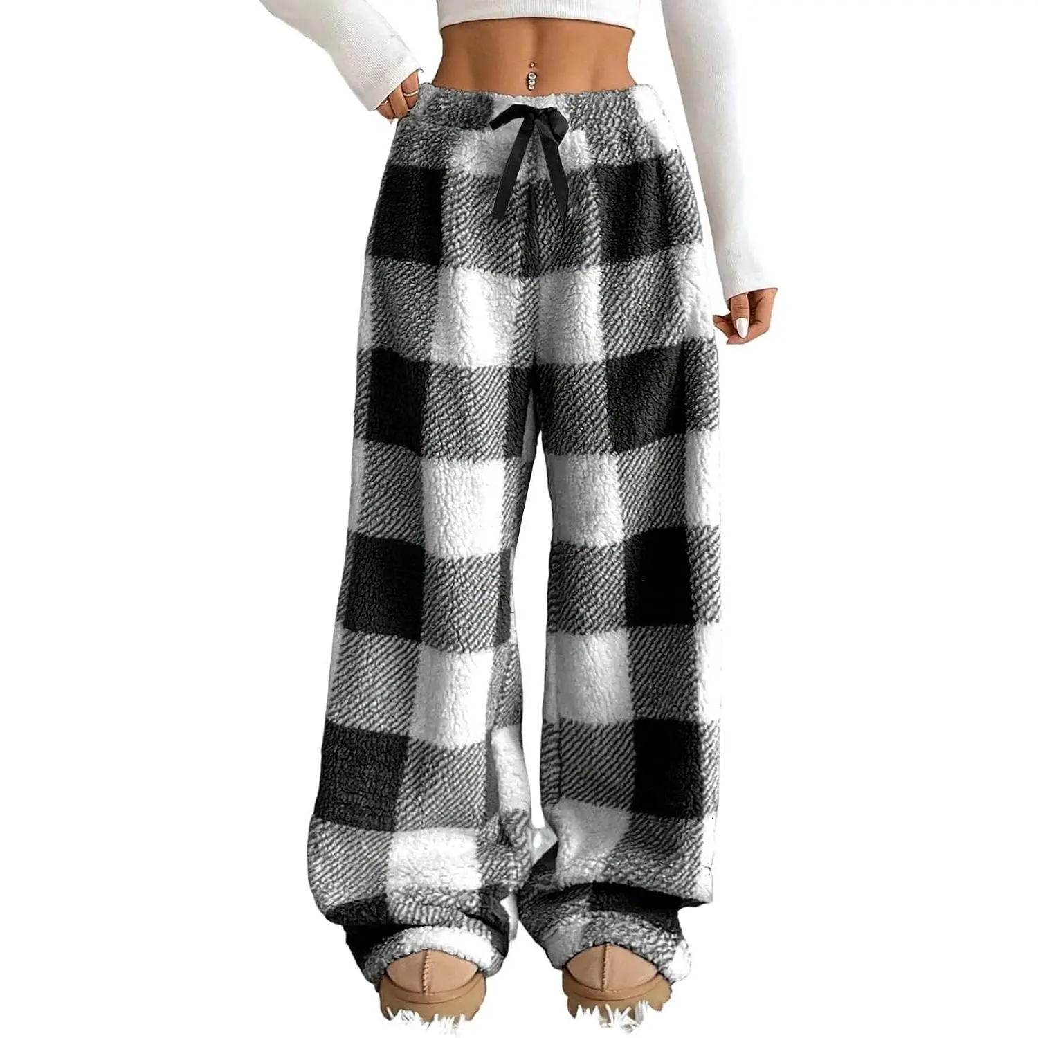 Women Fuzzy Pajama Pants Plush Elastic Waist Wide Leg Leopard Pants Pj Bottoms Lounge Fluffy Pants