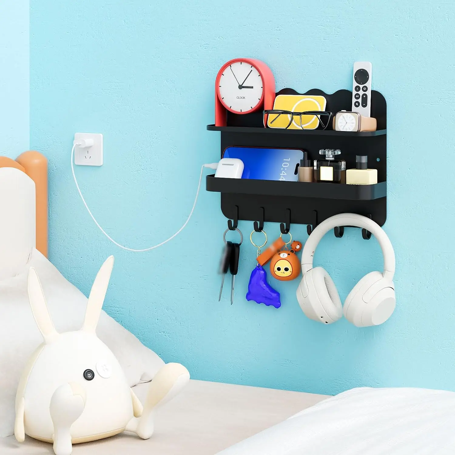 Black Floating Bedside Shelf, 22lbs, Adhesive & Drill Mount | Metal floating shelf holds 22 lbs. Adhesive & drill mounting,  storage for bedroom, dorm and teen decor.