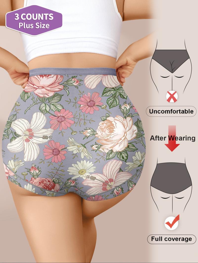 【Plus Size】 All Over Print Brief, Casual Comfy Breathable Panties, Casual Breathable Knicker for Daily Wear, Women's Underwear for All Seasons