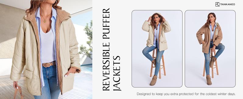 FMEYOA Womens Warm Puffer Down Jacket Hooded Winter Casual Lightweight Mid Quilted Coat with Pockets