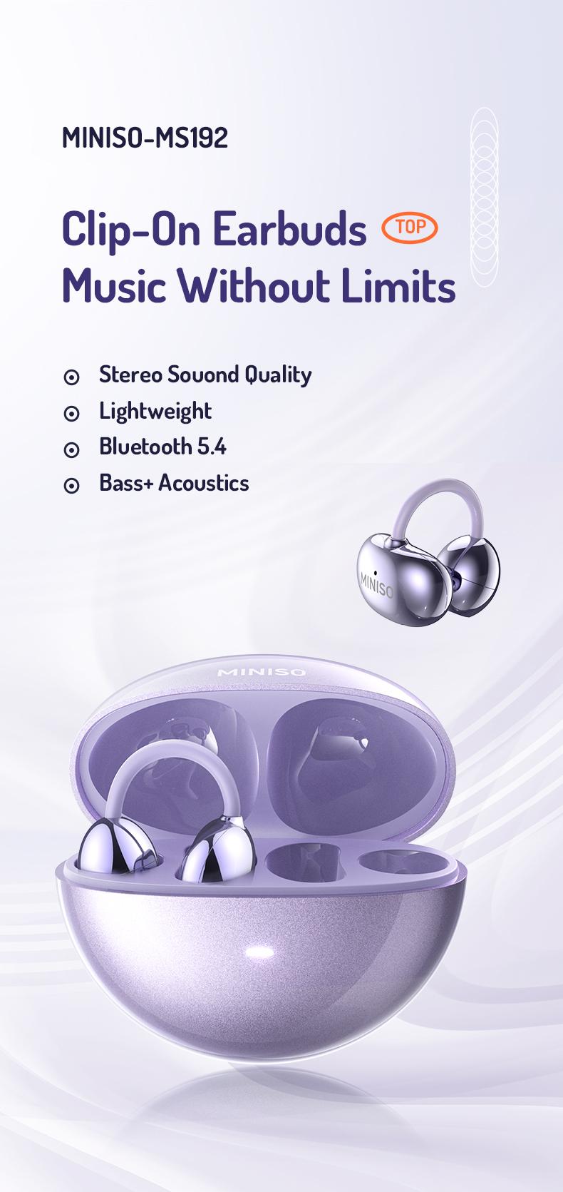 MINISO MS192 Clip-On Earbuds Open Ear Wireless Bluetooth 5.4 Headphones with Mic 48H Play Noise Cancelling Waterproof Sports Ear Buds Comfortable for Ears & Glasses Wearers Workouts Audio Headset