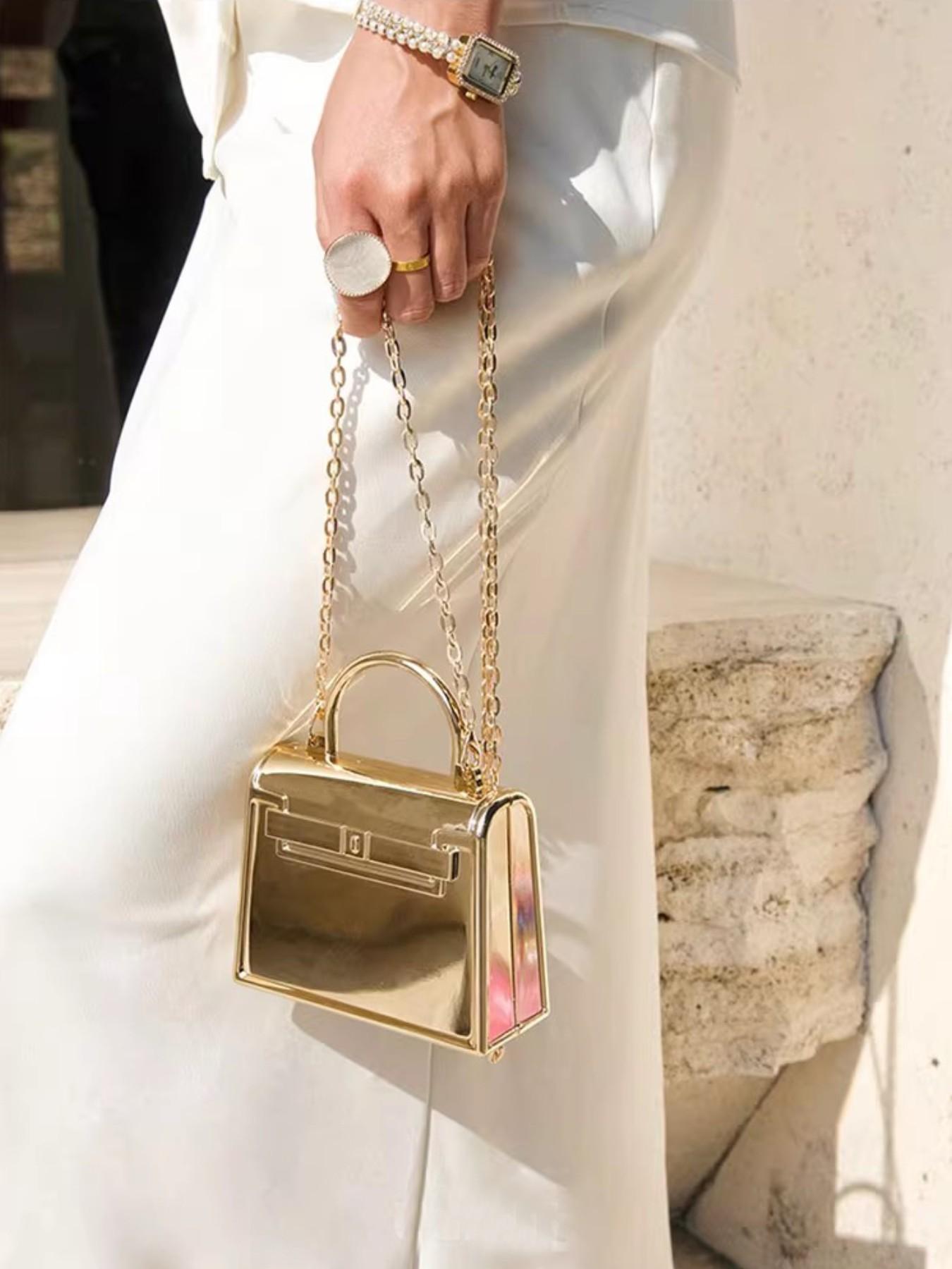 Spring Summer Glossy Acrylic Mini Bag, Kelly Platinum Small Square Bag, Party Handbag, Retro Lock Clutch, Lady Chain Wallet, Evening Box Bag
