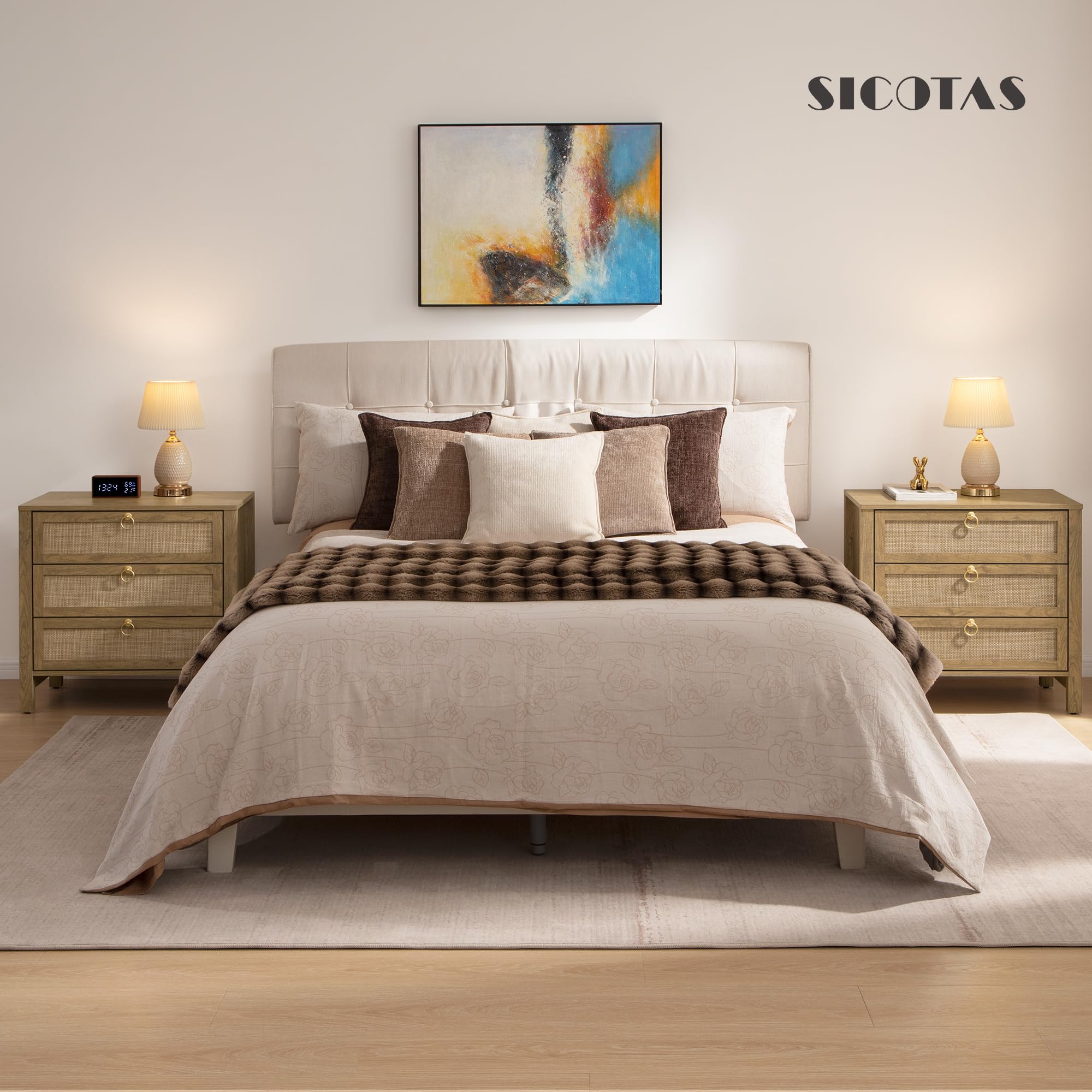 SICOTAS White Night Stand with Drawers - 15.55"D x 26.78"W x 25.67"H Rattan Bedside Table with Golden Handle, 3 Drawers Nightstand Side Table Boho Nightstand for Bedroom, Perfect for Any Bedroom, Durable and Stable