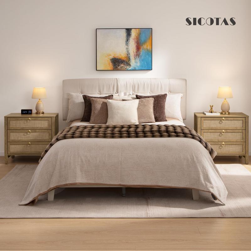 SICOTAS White Night Stand with Drawers - 15.55"D x 26.78"W x 25.67"H Rattan Bedside Table with Golden Handle, 3 Drawers Nightstand Side Table Boho Nightstand for Bedroom, Perfect for Any Bedroom, Durable and Stable