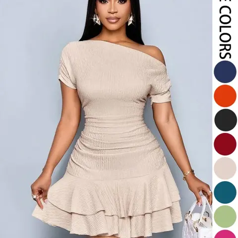 Women's Summer Casual Plain Color Beach Dress, Chic Elegant Slim-Fitting Ruffled Design, Perfect for Daily Wear & Special Occasions