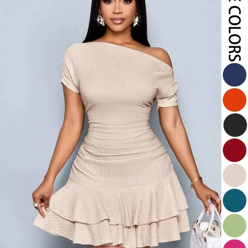 Women's Summer Casual Plain Color Beach Dress, Chic Elegant Slim-Fitting Ruffled Design, Perfect for Daily Wear & Special Occasions