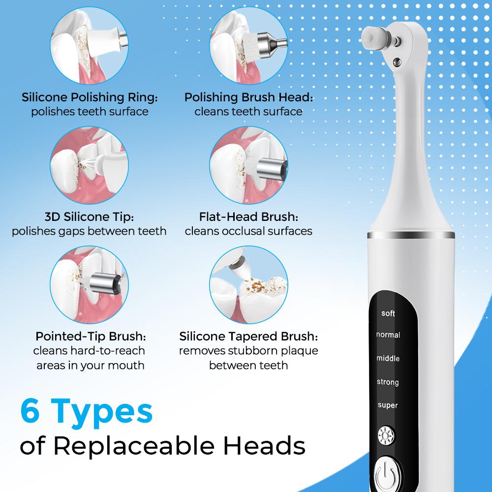 Electric Tooth Polishing Device, Home Teeth Cleaning Set with 6 Brush Heads LED Light , 5 Modes, USB Charging, Oral Care Tool