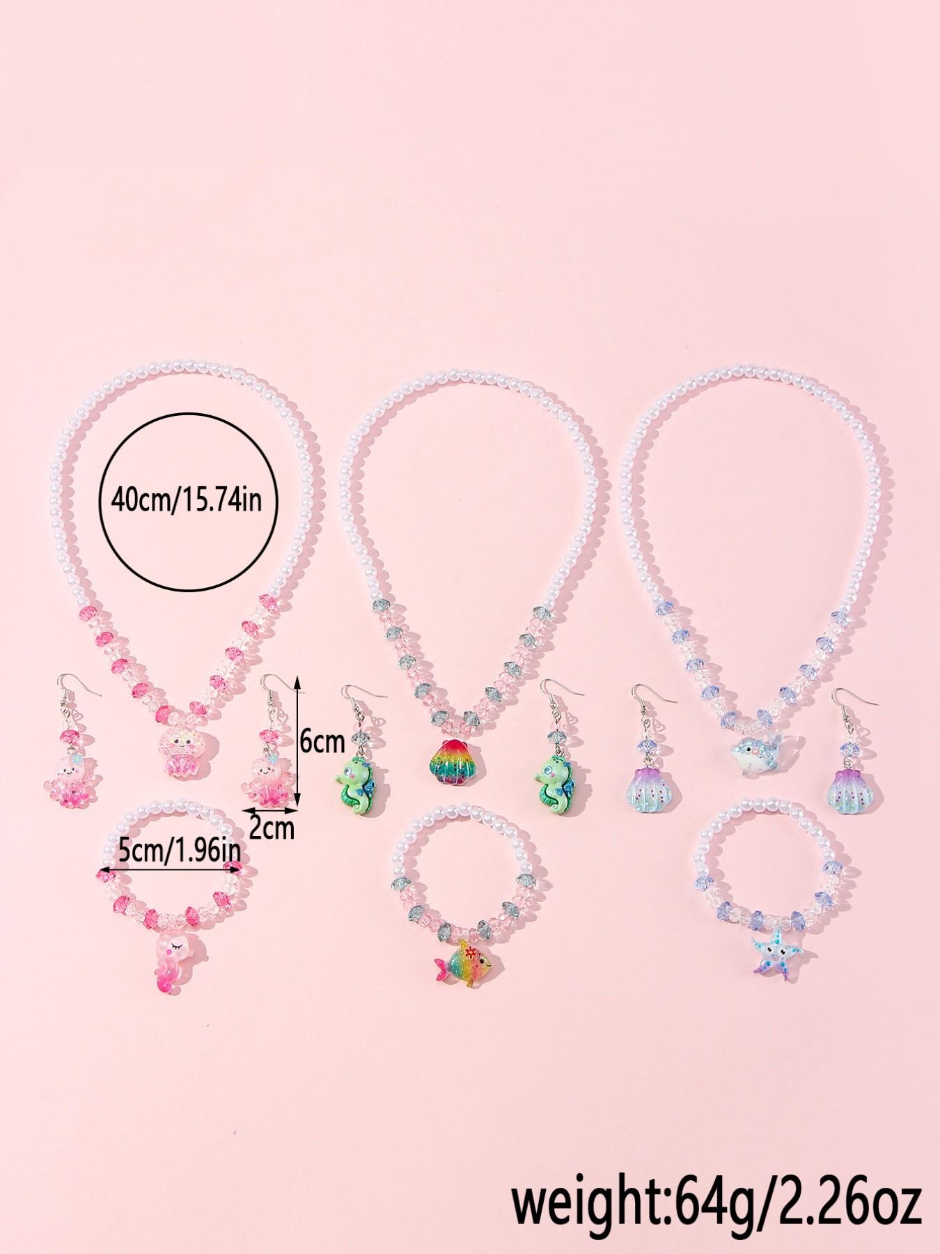 4pcs/set Acrylic Ocean Animal Pendant Pearl Bead Necklace Bracelet Set, Cute Butterfly Pattern, All Seasons, Perfect Gift for Girls
