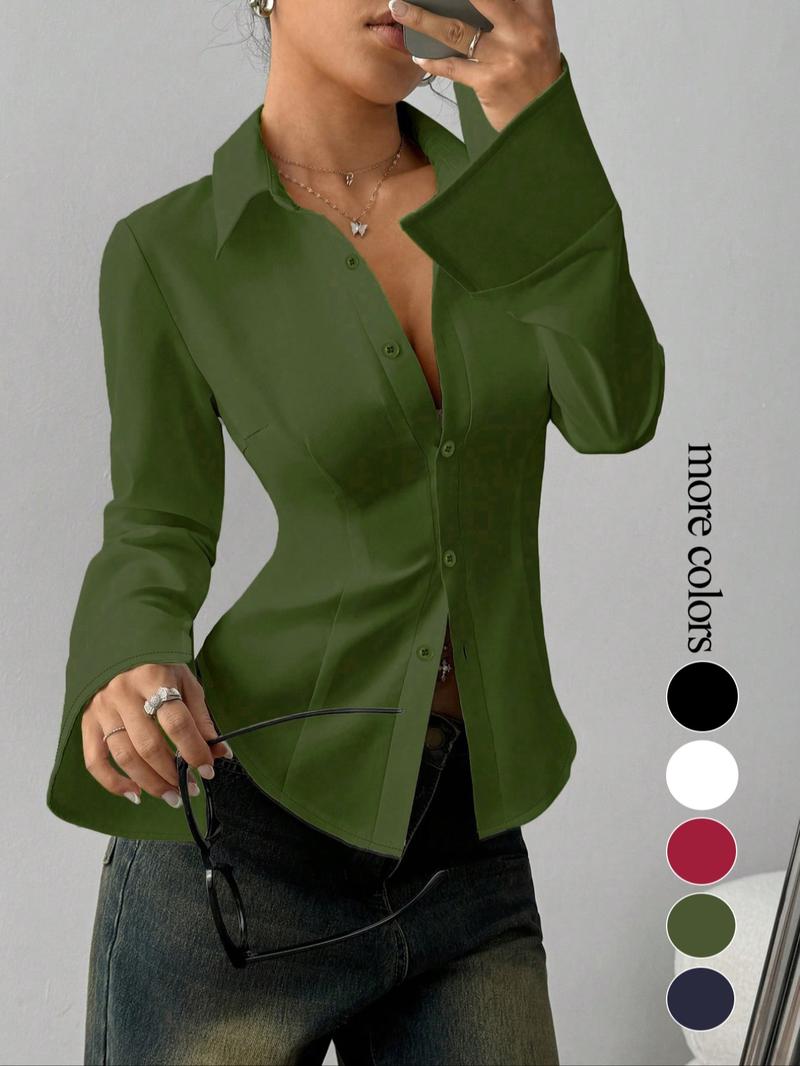 Women's slim-fit button-down long-sleeved casual shirt, suitable for daily commuting.