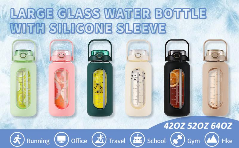【WINSA】 64oz Glass Water Bolttles with Straw Half Gallon Large Motivational Water Bottle with Time Marker Sports Water Bottles with Silicone Sleeve and Handle Lid Water Jug for Gym Workout Leakproof Bpa Free Bottled Drinkware Cup  Valentine's Day Gift
