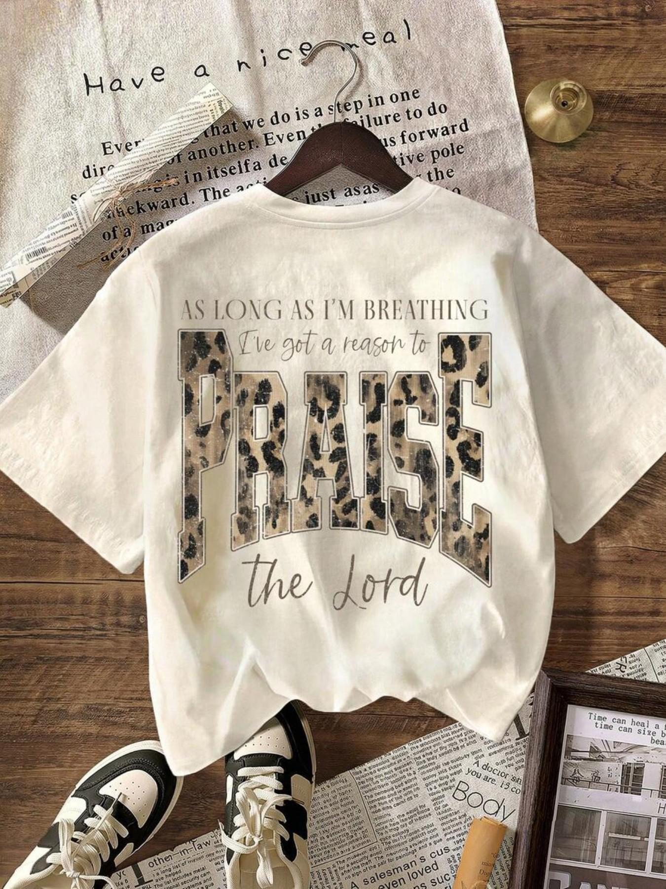 Women's Leopard Print Letter Print Short Sleeve T-Shirt, Loose-Fit Round Neck Casual Top, American Retro Style, Streetwear Fashion, Casual Tee