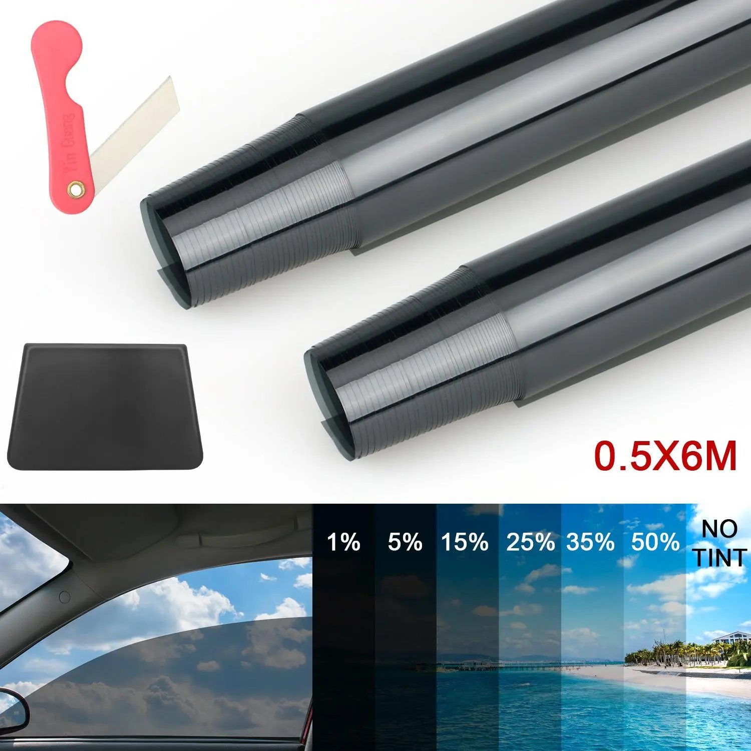 Car Window Tint Film Roll - 1% to 50% VLT (6 Shades) for Privacy & Sun Protection - Fits Sedan, SUV, Home & Office Glass